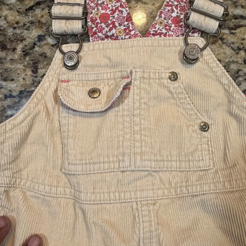 Old Navy Girls 4T‎ Tan Corduroy Overall Jumper Dress Floral Lining Frayed Hem
